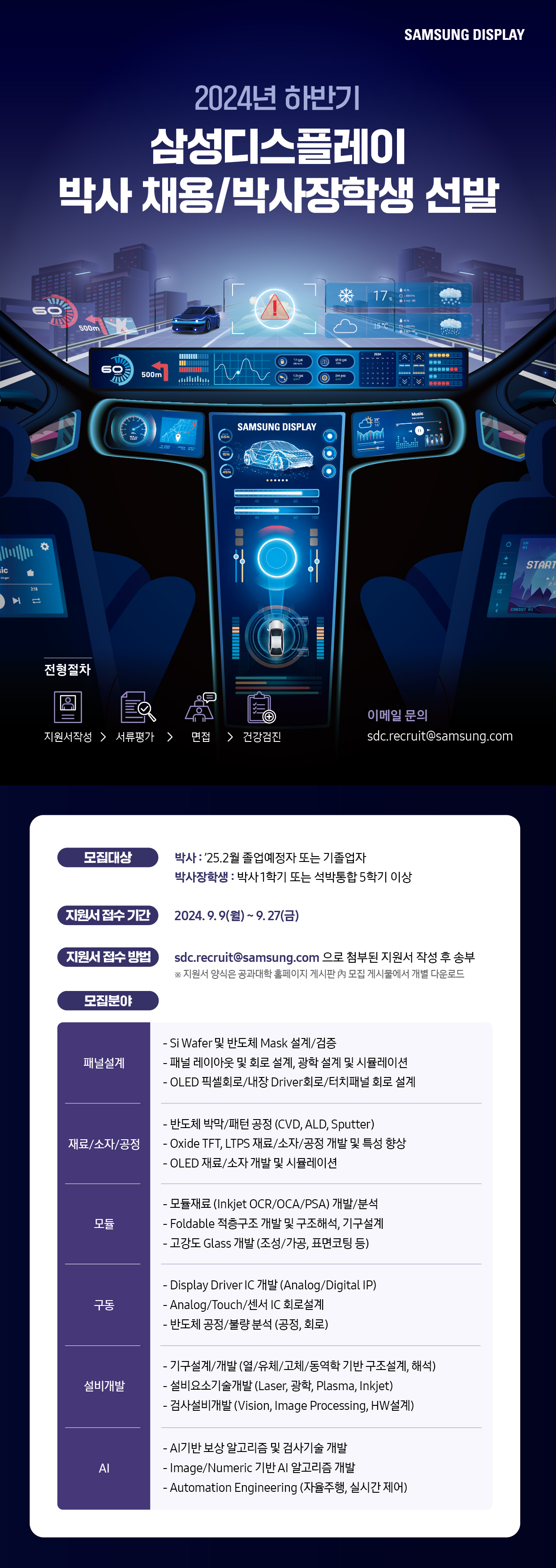 SAMSUNG DISPLAY 2024년 하반기 삼성디스플레이 박사 채용/박사장학생 선발 전형절차 지원서작서>서류평가>면접>건강검진 이메일 문의 sdc.recruit@samsung.com 모집대상 박사: '25.2월 졸업예정자 또는 기졸업자 박사장학생: 박사1학기 또는 석박통합 5학기 이상 지원서 접수 기간 2023.9.9(월) ~ 9.27(금) 지원서 접수 방법 sdc.recruit@samsung.com으로 첨부된 지원서 작성 후 송부 ※ 지원서 양식은 공과대학 홈페이지 게시판 內 모집 게시물에서 개별 다운로드 모집분야 패널설계 - Si Wafer 및 반도체 Mask 설계/검증 - 패널 레이아웃 및 회로 설계, 광학 설계 및 시뮬레이션 - OLED 픽셀회로/내장 Driver회로/터치패널 회로 설계 재료/소자/공정 - 반도체 박막/패터 공정(CVD, ALD, Sputter) - Oxide TFT, LTPS 재료/소자/공정 개발 및 특성 향상 - OLED 재료/소자 개발 및 시뮬레이션 모듈 - 모듈재료(Inkjet OCR/OCA/PSA)개발/분석 - Foldable 적층구조 개발 및 구조해석, 기구설계 - 고강도 Glass 개발(조성/가공, 표면코팅 등) 구동 - Display Driver IC 개발(Analog/Digital IIP) - Anslog/Touch/센서 IC회로설계 - 반도체 공정/불량 분석(공정, 회로) 설비개발 - 기구설계/개발(열/유체/고체/동역학 기반 구조설계, 해석) - 설비요소기술개발(Laser, 광학, Plasma, Inkjet) - 검사설비개발(Vision, Image Processing, HW설계) AI - AI기반 보상 알고리즘 및 검사기술 개발 - Image/Numeric 기반 AI 알고리즘 개발 - Autoamtion Engnineering(자율주행, 실시간 제어)