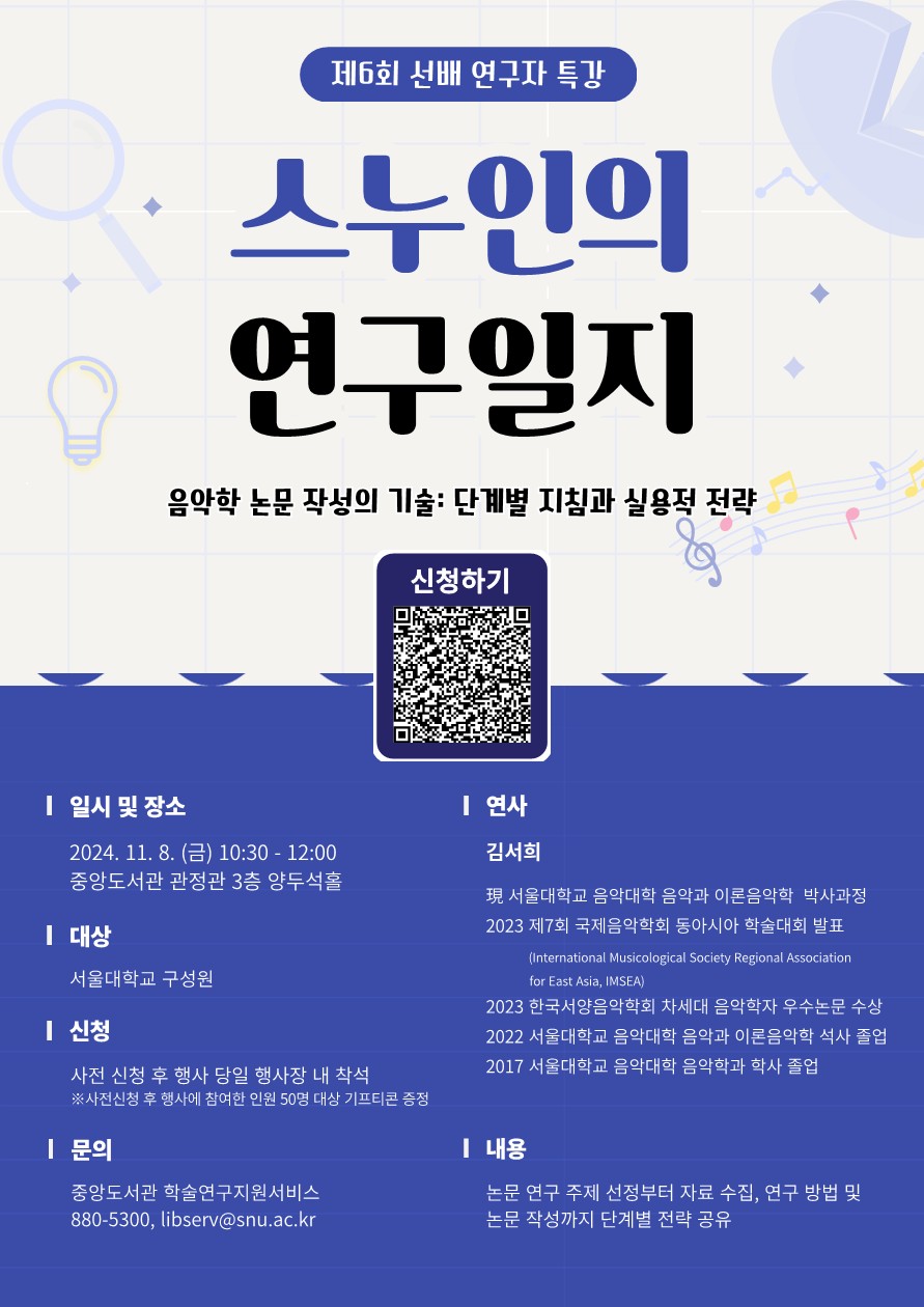 제6회 선배 연구자 특강 '스누인의 연구일지' 음악학 논문 작성의 기술: 단계별 지침과 실용적 전략 신청하기 일시 및 장소 2024.11.8.(금) 10:30-12:00 중앙도서관 관정관 3층 양두석홀 대상 서울대학교 구성원 신청 사전 신청 후 행사 당일 행사장 내 착석 ※ 사전신청 후 행사에 참여한 인원 50명 대상 기프티콘 증정 문의 중앙도서관 학술연구지원서비스 880-5300, libserv@snu.ac.kr 연사 김서희 現서울대학교 음악대학 음악과 이론음악학 박사과정 2023 제7회 국제음악학회 동아시아 학술대회 발표 (International Musicological Society Regional Association for East Asis, IMSEA) 2023 한국서양음악학회 차세대 음악학자 우수논문 수상 2022 서울대학교 음악대학 음악과 이론음악학 석사 졸업 2017 서울대학교 음악대학 학사 졸업 내용 논문 연구 주제 선정부터 수집, 연구 방법 및 논문 작성까지 단계별 전략 공유