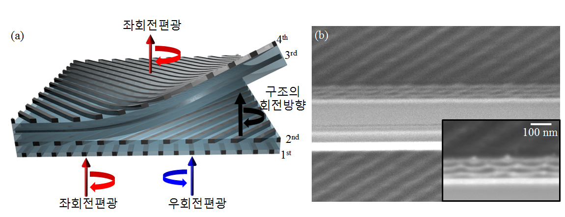 (a)촤회전편광, 구조의 회전방향, 최회전편광, 우회전편광 (b)제작된 원편광 필터 절삭 단면의 SEM이미지와확대 이미지